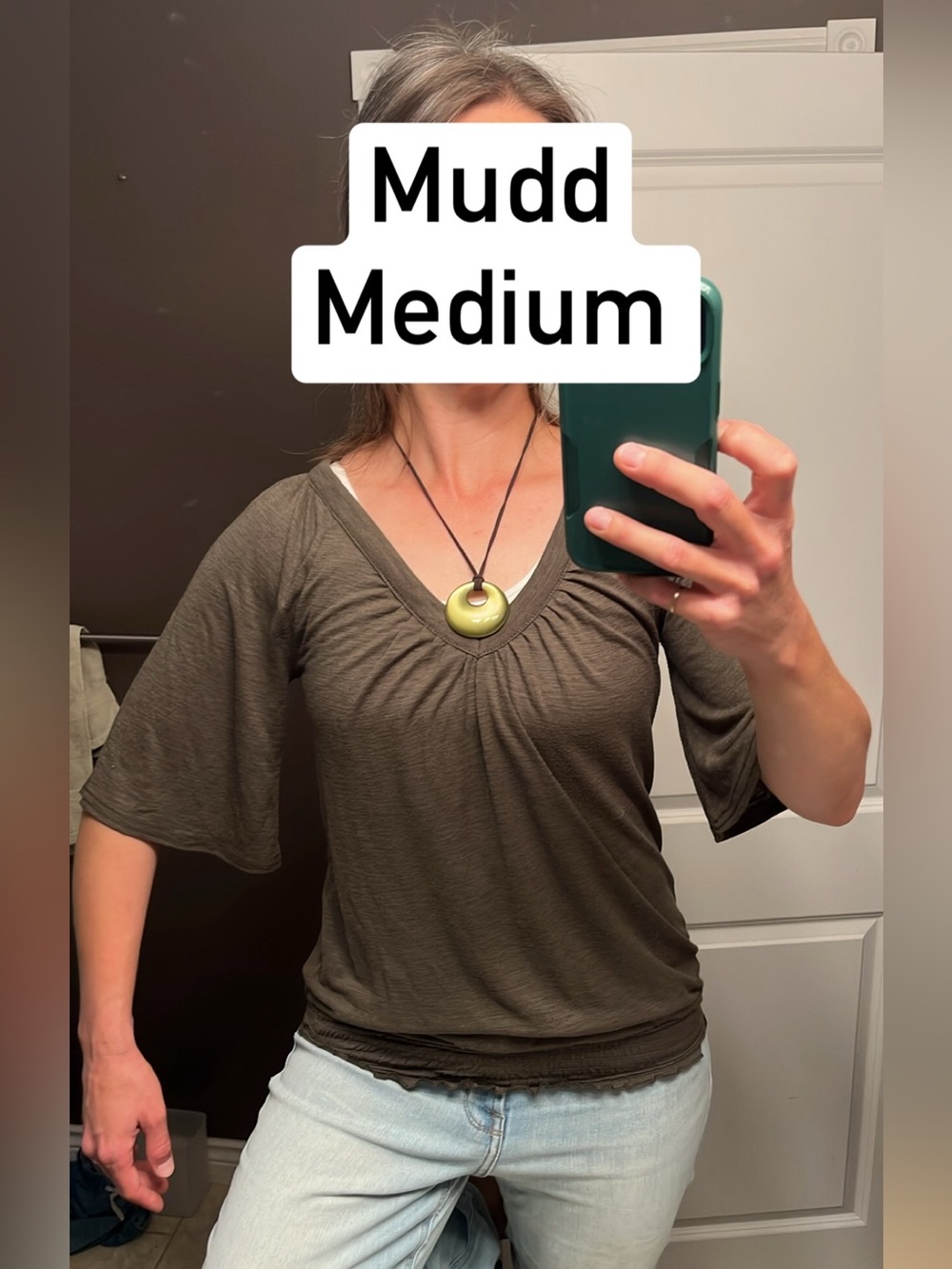 Mudd Olive Green Gathered V-Neck Short Bell Sleeve Smocked-Hem Top small med Y2K